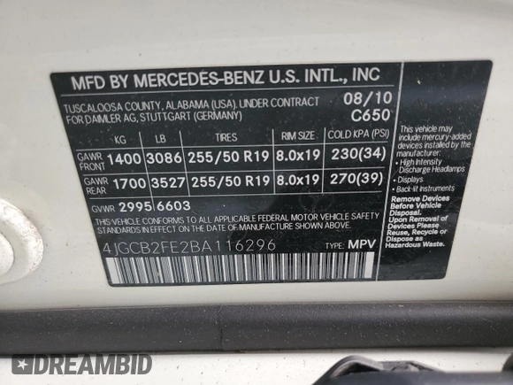2011 Mercedes-Benz R 350 с VIN 4JGCB2FE2BA116296, выставлен на аукционе Copart как лот 44567235 с пробегом 129 927 миль миль и Списание • Salvage title. История ставок и продаж доступна на DreamBid. Изображение 13.