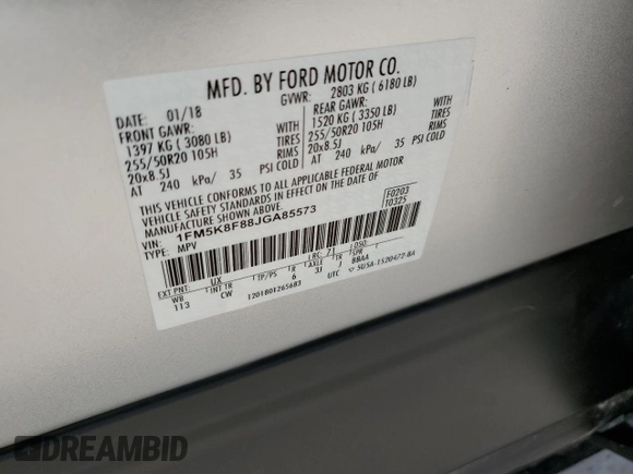 2018 Ford Explorer Limited с VIN 1FM5K8F88JGA85573, выставлен на аукционе Copart как лот 66836205 с пробегом 64 764 миль миль и Списание • Salvage title. История ставок и продаж доступна на DreamBid. Изображение 13.