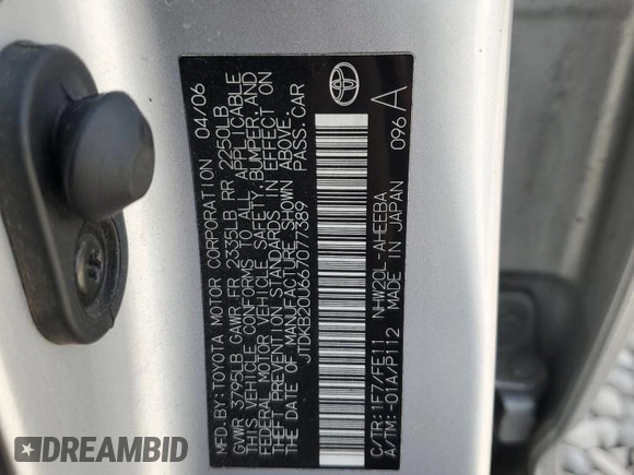 2006 Toyota Prius with VIN JTDKB20U667077389, listed as a Copart auction lot 52586885 with 257,289 mi miles and Salvage Title. Bid and sale history available at DreamBid. Image 12.