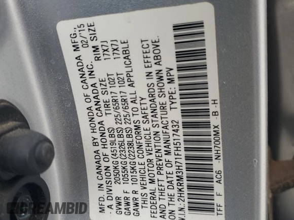 2015 Honda CR-V EX-L with VIN 2HKRM3H71FH517432, listed as a Copart auction lot 52511905 with 69,845 mi miles and Salvage Title. Bid and sale history available at DreamBid. Image 13.