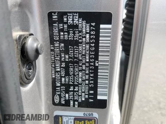 2014 Kia Sorento LX with VIN 5XYKT3A63EG453874, listed as a Copart auction lot 54248505 with 211,670 mi miles and Clean Title. Bid and sale history available at DreamBid. Image 13.