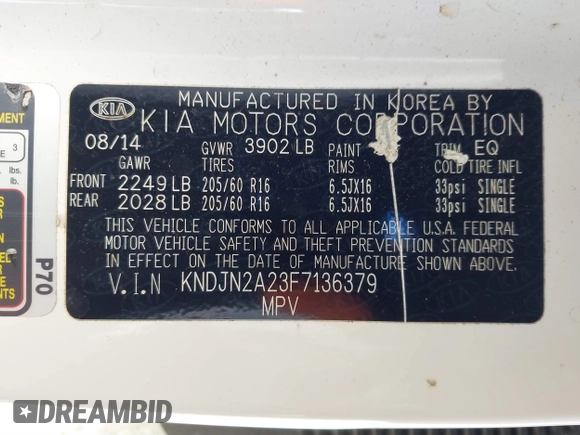 2015 Kia Soul with VIN KNDJN2A23F7136379, listed as a IAAI auction lot 41853304 with 90,697 mi miles. Bid and sale history available at carsss.com. Image 9.