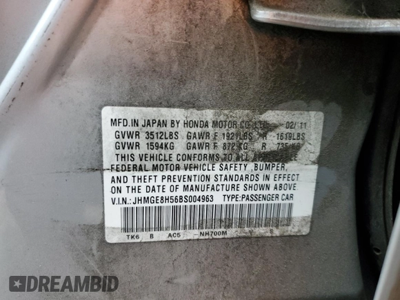 2011 Honda Fit Sport with VIN JHMGE8H56BS004963, listed as a Copart auction lot 45159105 with 200,713 mi miles and Salvage Title. Bid and sale history available at DreamBid. Image 12.