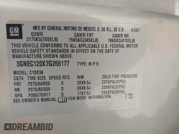 2007 Chevrolet Avalanche 3LT z VIN 3GNEC120X7G268177, wystawiony jako IAAI lot #42287255 z przebiegiem 278 531 mil mil oraz . Historia ofert i sprzedaży dostępna na DreamBid. Obrazek 9.