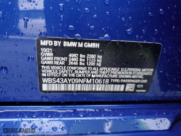 2022 BMW M3 Competition xDrive with VIN WBS43AY09NFM10618, listed as a Copart auction lot 41450415 with 21,935 mi miles and Non Repairable. Bid and sale history available at carsss.com. Image 12.