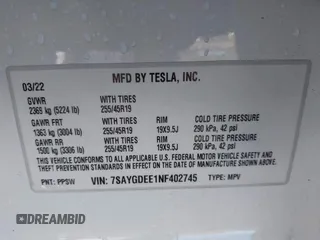 2022 Tesla Model Y Long Range with VIN 7SAYGDEE1NF402745, listed as a IAAI auction lot 41493850 with 11,222 mi miles and . Bid and sale history available at DreamBid. Image 9.