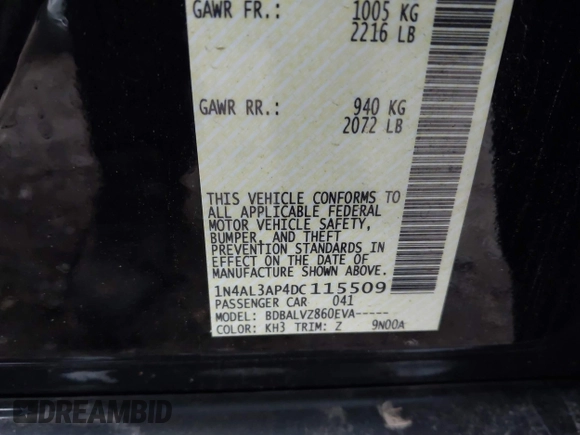 2013 Nissan Altima SV with VIN 1N4AL3AP4DC115509, listed as a IAAI auction lot 41922998 with Not Provided miles and . Bid and sale history available at carsss.com. Image 9.