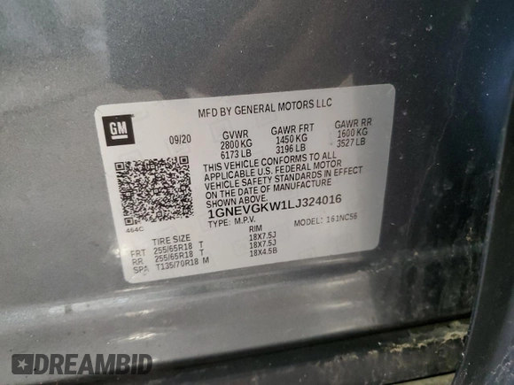 2020 Chevrolet Traverse LT Cloth z VIN 1GNEVGKW1LJ324016, wystawiony jako Copart lot #50930445 z przebiegiem 152 112 mil mil oraz Nie do naprawy • Non repairable. Historia ofert i sprzedaży dostępna na DreamBid. Obrazek 13.