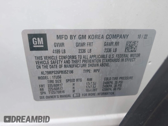 2023 Chevrolet TrailBlazer LT with VIN KL79MPS26PB052196, listed as a IAAI auction lot 41929241 with 6,401 mi miles and . Bid and sale history available at DreamBid. Image 9.