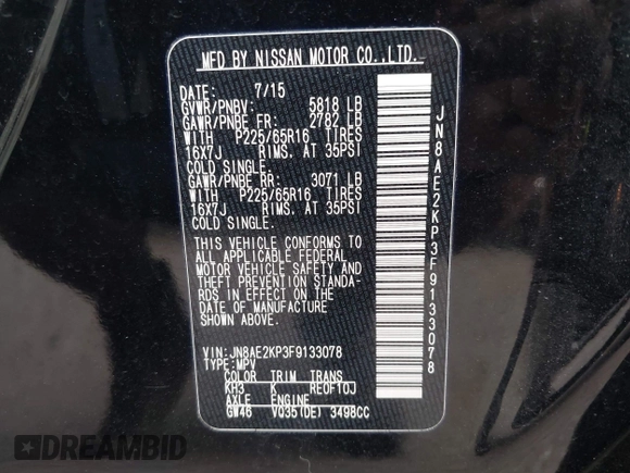2015 Nissan Quest SV with VIN JN8AE2KP3F9133078, listed as a IAAI auction lot 42074402 with 113,505 mi miles. Bid and sale history available at carsss.com. Image 9.