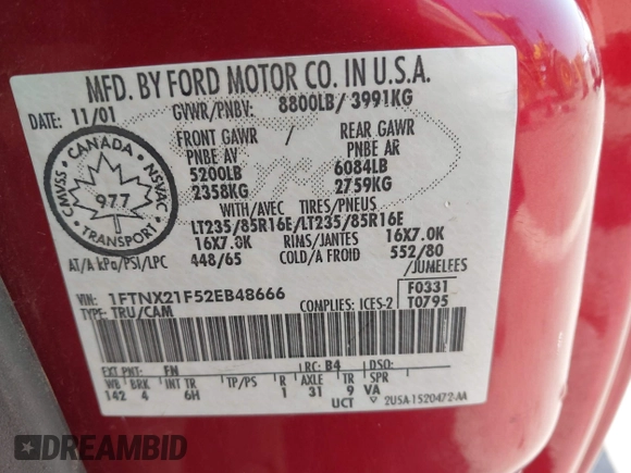 2002 Ford F-250 XL with VIN 1FTNX21F52EB48666, listed as a IAAI auction lot 42519667 with 243,511 mi miles and . Bid and sale history available at DreamBid. Image 9.