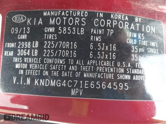2014 Kia Sedona LX with VIN KNDMG4C71E6564595, listed as a IAAI auction lot 42015687 with 208,270 mi miles. Bid and sale history available at carsss.com. Image 9.
