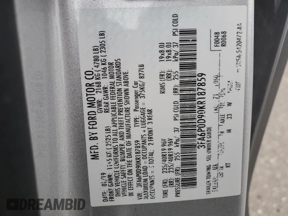 2019 Ford Fusion Titanium with VIN 3FA6P0D90KR187859, listed as a Copart auction lot 88341915 with 93,518 mi miles and Salvage Title. Bid and sale history available at carsss.com. Image 13.