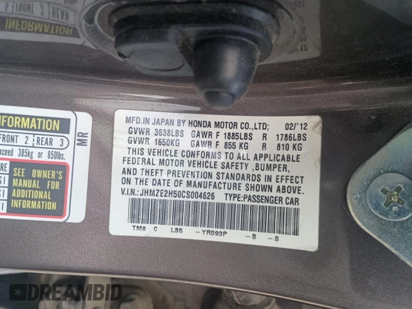 2012 Honda Insight LX with VIN JHMZE2H50CS004626, listed as a Copart auction lot 65198795 with 153,085 mi miles and Clean title. Bid and sale history available at DreamBid. Image 10.