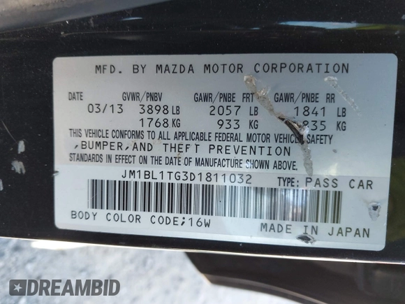 2013 Mazda 3 i SV with VIN JM1BL1TG3D1811032, listed as a IAAI auction lot 41603113 with 125,610 mi miles and . Bid and sale history available at DreamBid. Image 9.