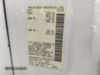 2018 Nissan Maxima S with VIN 1N4AA6AP7JC383425, listed as a IAAI auction lot 41962455 with 133,150 mi miles and . Bid and sale history available at DreamBid. Image 9.