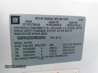 2009 GMC Yukon Denali z VIN 1GKFK032X9R236556, wystawiony jako IAAI lot #40805429 z przebiegiem 183 042 mil mil oraz . Historia ofert i sprzedaży dostępna na DreamBid. Obrazek 9.