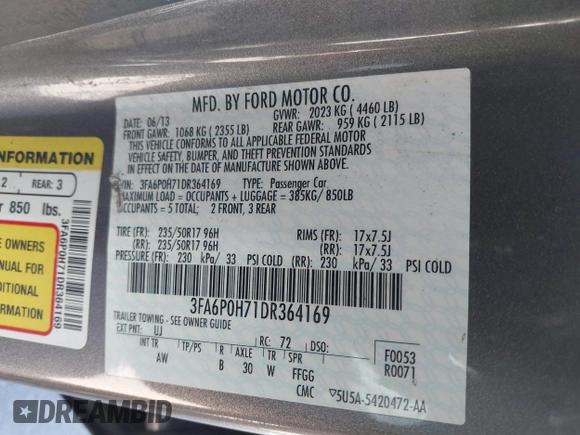 2013 Ford Fusion SE with VIN 3FA6P0H71DR364169, listed as a IAAI auction lot 42167658 with 196,073 mi miles. Bid and sale history available at carsss.com. Image 9.