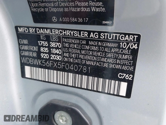 2005 Mercedes-Benz SLK 230/320 z VIN WDBWK56FX5F040781, wystawiony jako IAAI lot #41321130 z przebiegiem 100 319 mil mil oraz . Historia ofert i sprzedaży dostępna na DreamBid. Obrazek 9.