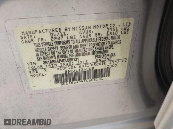 2012 Nissan Sentra S z VIN 3N1AB6AP4CL605131, wystawiony jako IAAI lot #42420591 z przebiegiem 199 410 mil mil oraz . Historia ofert i sprzedaży dostępna na DreamBid. Obrazek 9.
