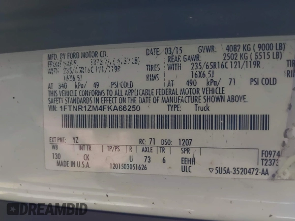 2015 Ford Transit Cargo z VIN 1FTNR1ZM4FKA66250, wystawiony jako IAAI lot #42249224 z przebiegiem 86 225 mil mil oraz . Historia ofert i sprzedaży dostępna na DreamBid. Obrazek 9.
