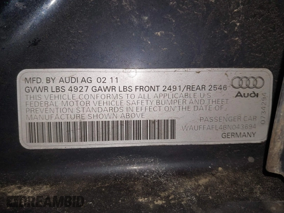 2011 Audi A4 2.0T Premium Plus with VIN WAUFFAFL4BN043694, listed as a IAAI auction lot 41882894 with 100,327 mi miles. Bid and sale history available at carsss.com. Image 9.