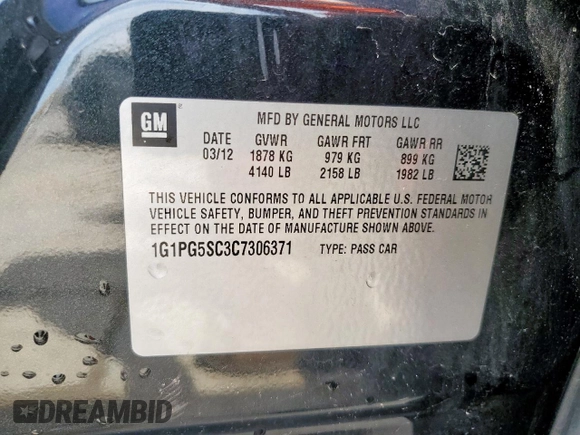 2012 Chevrolet Cruze 2LT with VIN 1G1PG5SC3C7306371, listed as a Copart auction lot 52757885 with 131,270 mi miles and Salvage Title. Bid and sale history available at DreamBid. Image 13.