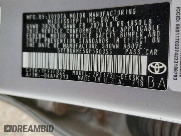 2016 Toyota Corolla L with VIN 5YFBURHE5GP560355, listed as a Copart auction lot 59046575 with 121,663 mi miles and Salvage title. Bid and sale history available at DreamBid. Image 13.