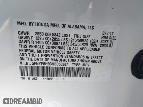 2017 Honda Pilot Touring with VIN 5FNYF6H93HB056387, listed as a IAAI auction lot 41095336 with 90,376 mi miles and . Bid and sale history available at DreamBid. Image 9.