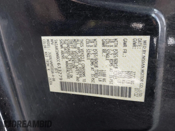 2012 Nissan Pathfinder S z VIN 5N1AR1NN6CC633279, wystawiony jako IAAI lot #42523354 z przebiegiem 141 256 mil mil oraz . Historia ofert i sprzedaży dostępna na DreamBid. Obrazek 9.