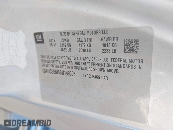 2011 Buick Lucerne CXL with VIN 1G4HC5EM6BU149605, listed as a IAAI auction lot 41951992 with 272,483 mi miles and . Bid and sale history available at carsss.com. Image 9.