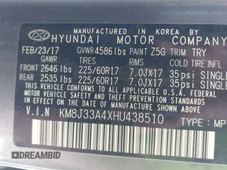 2017 Hyundai Tucson SE with VIN KM8J33A4XHU438510, listed as a IAAI auction lot 42021812 with 117,848 mi miles. Bid and sale history available at carsss.com. Image 9.