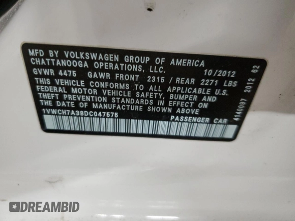 2013 Volkswagen Passat SEL Premium with VIN 1VWCH7A38DC047575, listed as a Copart auction lot 44623015 with 159,370 mi miles and Salvage Title. Bid and sale history available at carsss.com. Image 13.