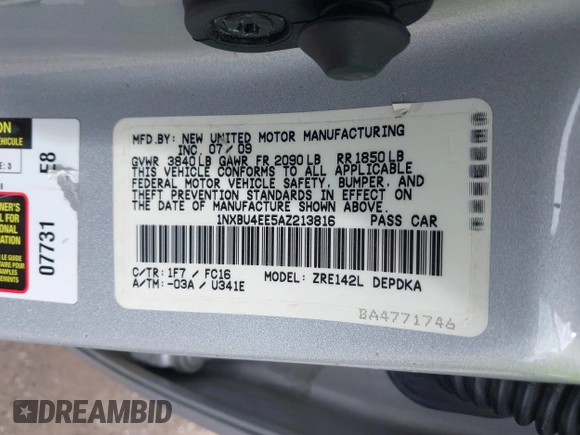 2010 Toyota Corolla z VIN 1NXBU4EE5AZ213816, wystawiony jako IAAI lot #42199718 z przebiegiem 9 100 mil mil oraz . Historia ofert i sprzedaży dostępna na DreamBid. Obrazek 9.