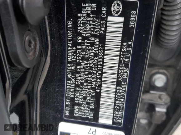 2015 Toyota Camry XLE with VIN 4T1BF1FK1FU006621, listed as a Copart auction lot 84534814 with 168,801 mi miles and Salvage Title. Bid and sale history available at carsss.com. Image 14.