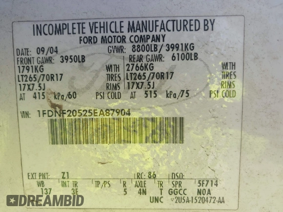 2005 Ford F-250 with VIN 1FDNF20525EA87904, listed as a IAAI auction lot 42137022 with 406,407 mi miles and . Bid and sale history available at DreamBid. Image 9.