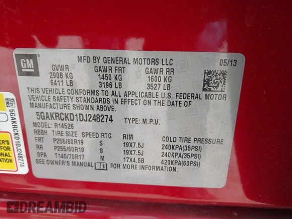 2013 Buick Enclave Leather with VIN 5GAKRCKD1DJ248274, listed as a IAAI auction lot 41613878 with 78,265 mi miles. Bid and sale history available at carsss.com. Image 9.