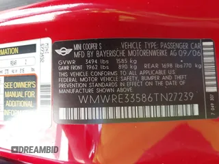 2006 MINI Hardtop S с VIN WMWRE33586TN27239, выставлен на аукционе IAAI как лот 42775957 с пробегом 165 133 миль миль и . История ставок и продаж доступна на DreamBid. Изображение 9.