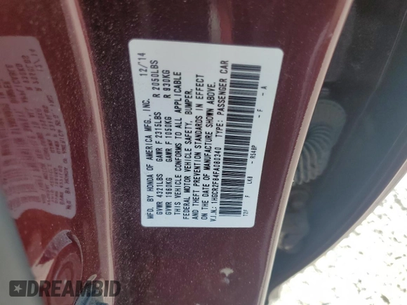 2015 Honda Accord EX-L with VIN 1HGCR2F84FA080340, listed as a Copart auction lot 62487745 with 97,581 mi miles and Salvage title. Bid and sale history available at DreamBid. Image 12.