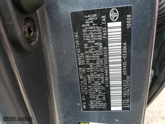 2007 Toyota Camry CE with VIN 4T1BE46KX7U058058, listed as a Copart auction lot 51111025 with 218,351 mi miles and Salvage Title. Bid and sale history available at carsss.com. Image 12.
