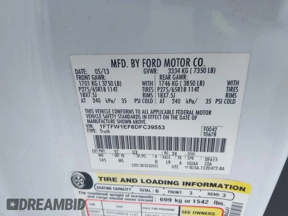 2013 Ford F-150 XL with VIN 1FTFW1EF8DFC39553, listed as a IAAI auction lot 42324628 with Not provided miles and . Bid and sale history available at DreamBid. Image 9.