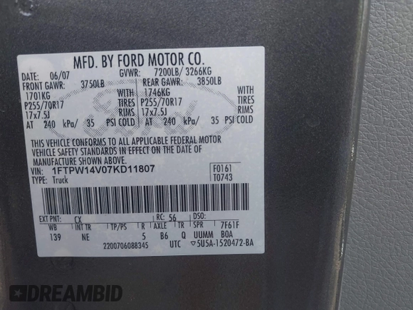 2007 Ford F-150 XLT with VIN 1FTPW14V07KD11807, listed as a IAAI auction lot 42587460 with 229,013 mi miles and . Bid and sale history available at DreamBid. Image 9.