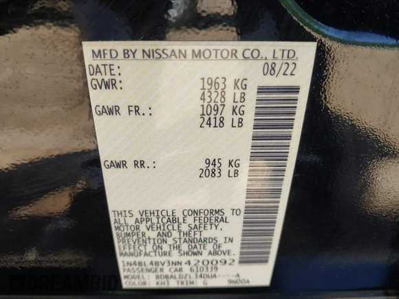 2022 Nissan Altima S z VIN 1N4BL4BV3NN420092, wystawiony jako IAAI lot #41996137 z przebiegiem 52 286 mil mil oraz . Historia ofert i sprzedaży dostępna na DreamBid. Obrazek 9.