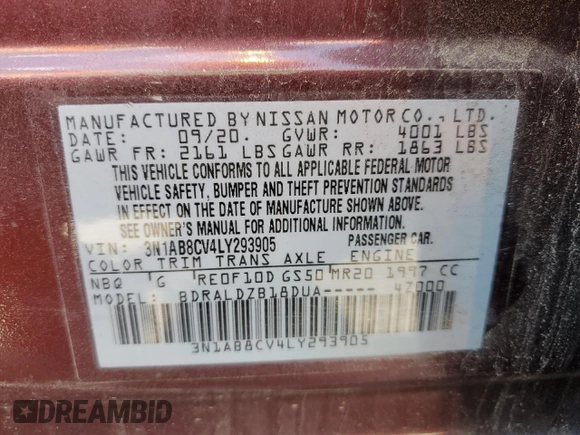 2020 Nissan Sentra SV with VIN 3N1AB8CV4LY293905, listed as a Copart auction lot 54066715 with Not Provided miles and Clean Title. Bid and sale history available at DreamBid. Image 13.