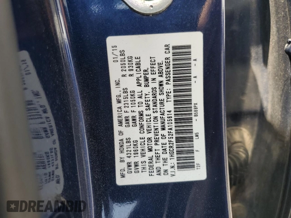 2015 Honda Accord Sport with VIN 1HGCR2F52FA105614, listed as a Copart auction lot 55480615 with 122,271 mi miles and Salvage Title. Bid and sale history available at DreamBid. Image 13.