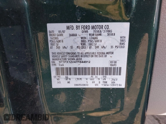 2007 Ford F-150 XL z VIN 1FTPX12V47FB44912, wystawiony jako IAAI lot #42520469 z przebiegiem 163 277 mil mil oraz . Historia ofert i sprzedaży dostępna na DreamBid. Obrazek 9.