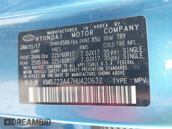 2017 Hyundai Tucson SE with VIN KM8J23A47HU420632, listed as a IAAI auction lot 41797652 with 66,325 mi miles. Bid and sale history available at carsss.com. Image 9.