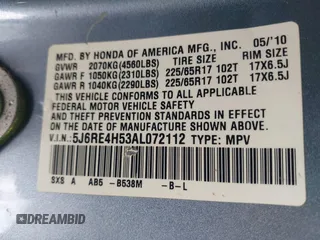 2010 Honda CR-V EX with VIN 5J6RE4H53AL072112, listed as a IAAI auction lot 41457453 with 136,410 mi miles and . Bid and sale history available at carsss.com. Image 9.