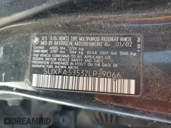 2002 BMW X5 3.0i with VIN 5UXFA53532LP39066, listed as a Copart auction lot 77736044 with 0 mi miles and Salvage Title. Bid and sale history available at carsss.com. Image 14.