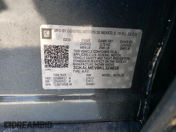 2019 GMC Terrain SLE with VIN 3GKALMEV8KL324816, listed as a Copart auction lot 87807285 with 56,487 mi miles and Salvage Title. Bid and sale history available at carsss.com. Image 15.